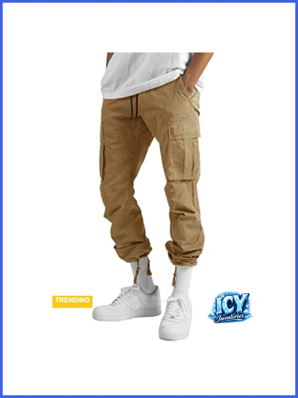Cotton Blend Cargo Pants Joggers with Drawstring Elastic Waist 6 Pockets - Picture 2 of 6